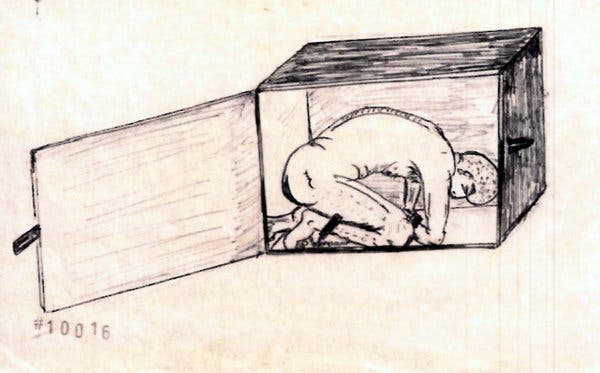 An image drawn by Abu Zubaydah, a prisoner at Guantánamo Bay, shows how the C.I.A. applied an approved torture technique called “cramped confinement.”